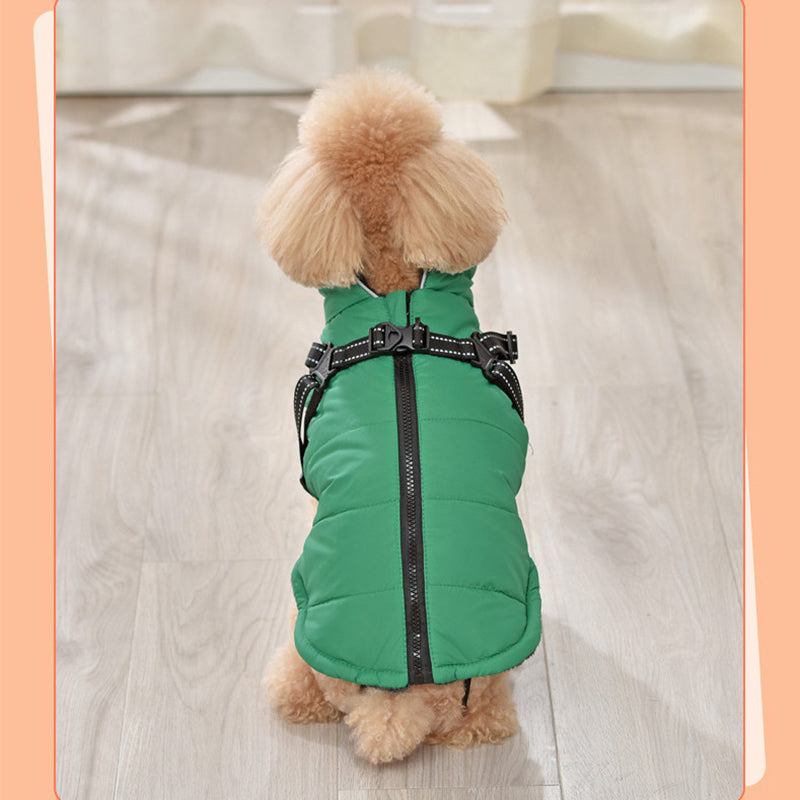 Wasserfeste Jacke. Gut geeignet für die kalten und nassen Tage. Mit integriertem Geschirr für einen angenehmen Komfort deines Lieblings.